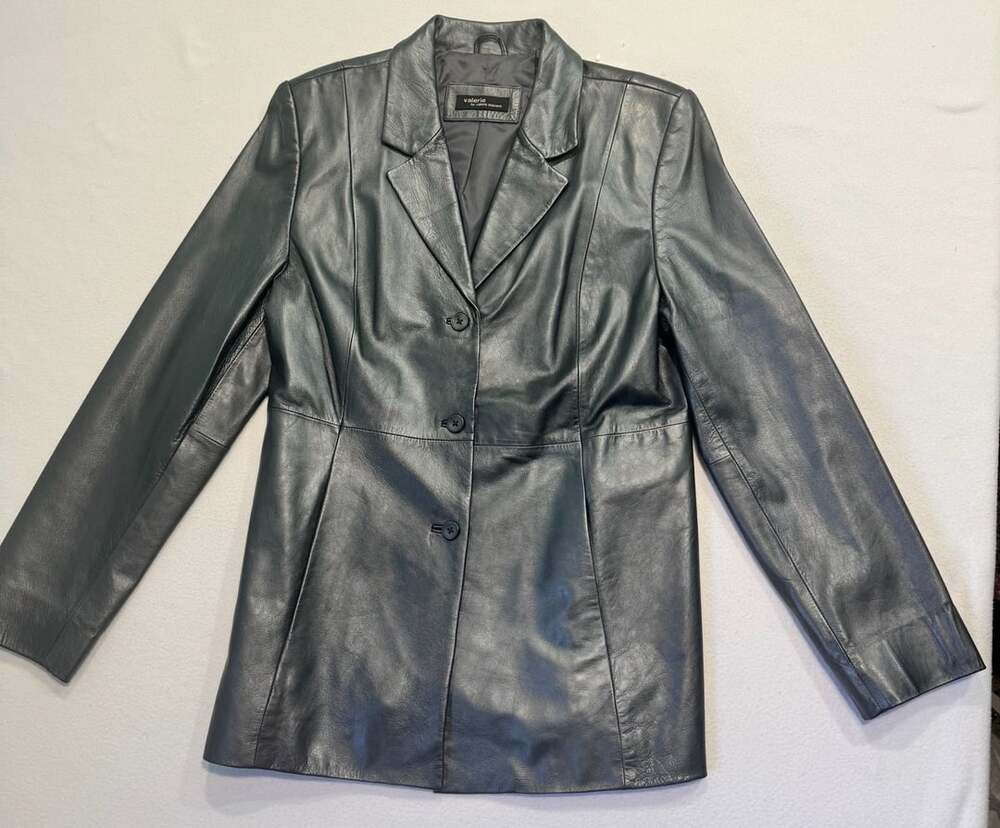Vintage Y2K Valerie Stevens Gray Silver Leather Blazer Jacket Women’s Large